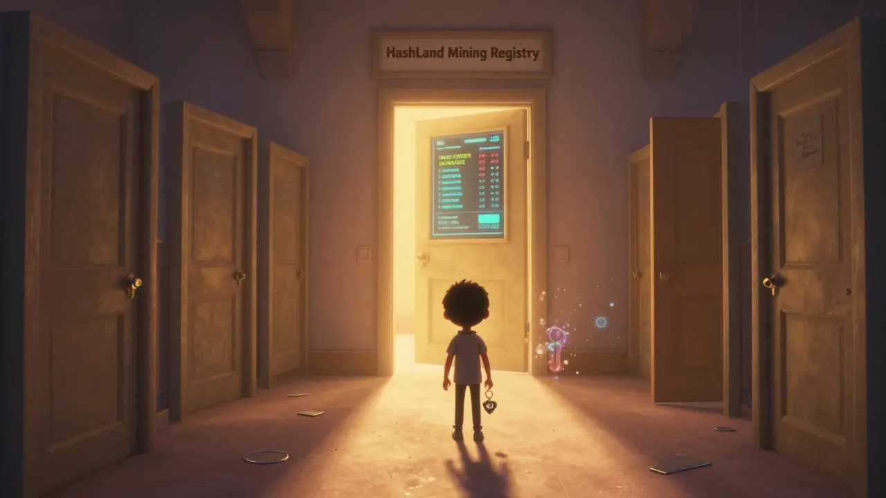 A person stepping through an open door labeled 'HashLand Mining Registry' into golden light.