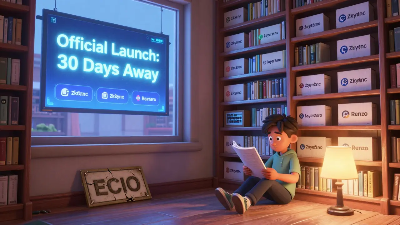 A quiet digital library with verified projects on display, while a forgotten ECIO plaque rests unused in the corner.