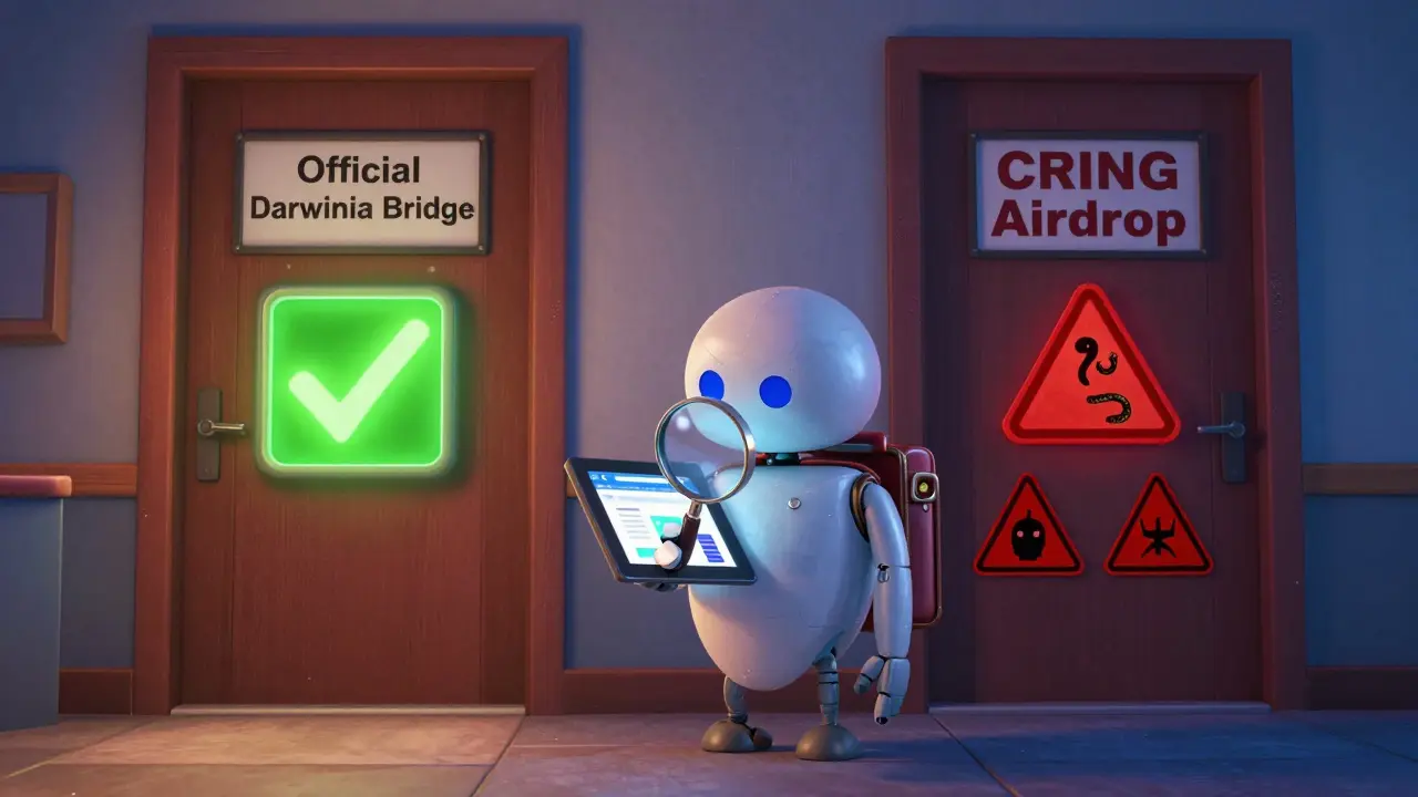 A robot choosing between a safe official bridge and a dangerous fake airdrop scam.