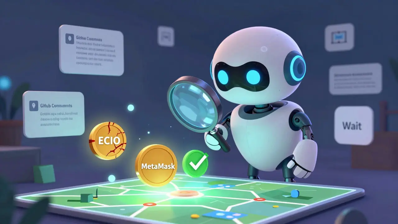 A robot detective examines blockchain tokens, distinguishing fake ECIO from legitimate projects with glowing clues.