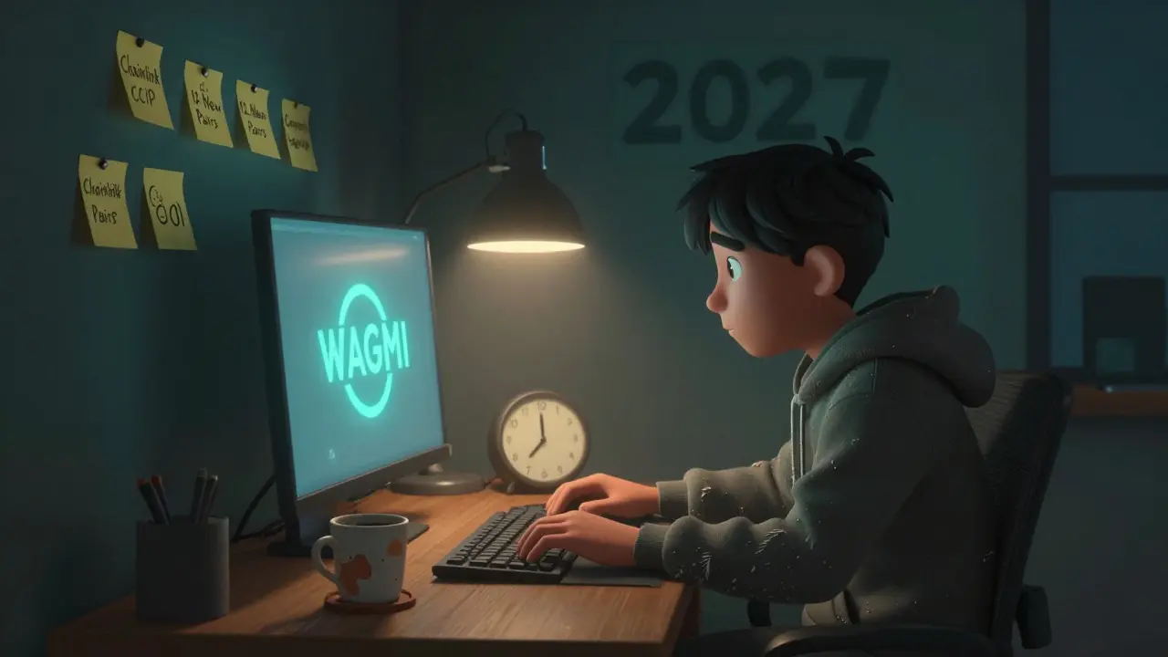 A tired developer working on WAGMI's future updates under dim light, with roadmap notes scattered around.