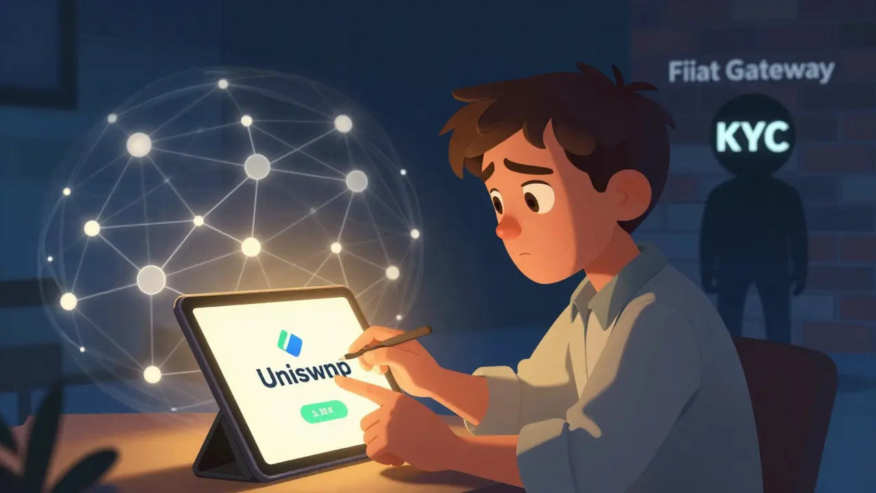 A trader connects a wallet to Uniswap while a 'KYC' barrier blocks the path to fiat currency in a Pixar-style illustration.