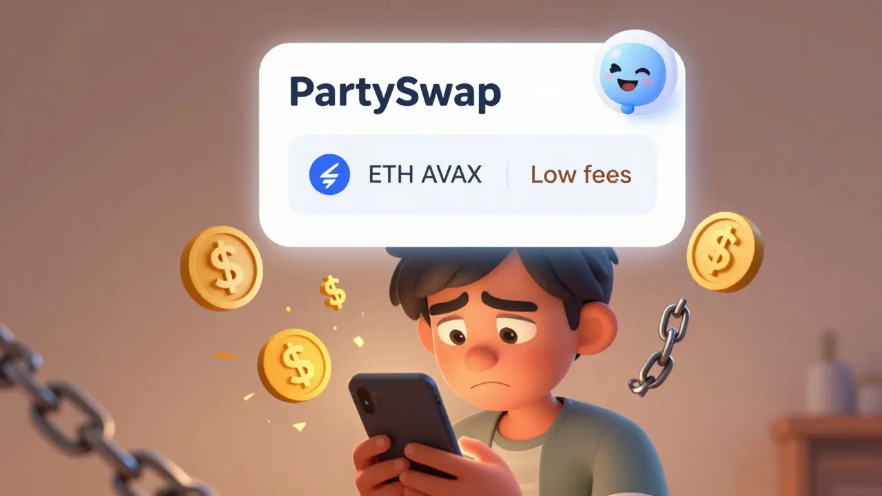 A user happily swapping tokens on PartySwap's friendly mobile app while gas fees explode in frustration around them.