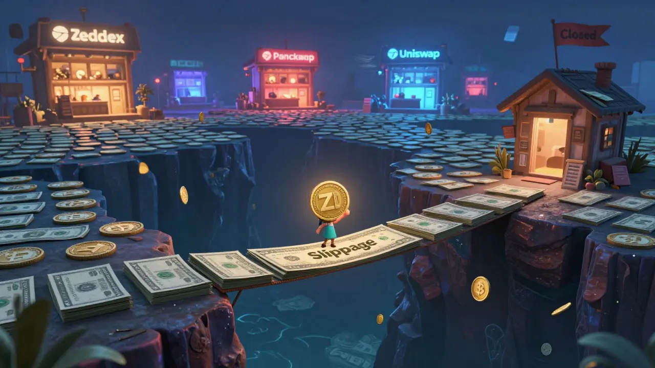 A user on a fragile bridge of money over an empty ocean, while bigger exchanges glow in the distance.