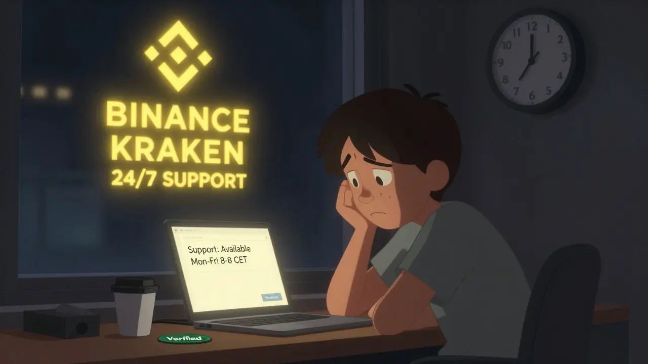 A user waiting for support after hours, surrounded by competing platforms with 24/7 service glowing in the distance.