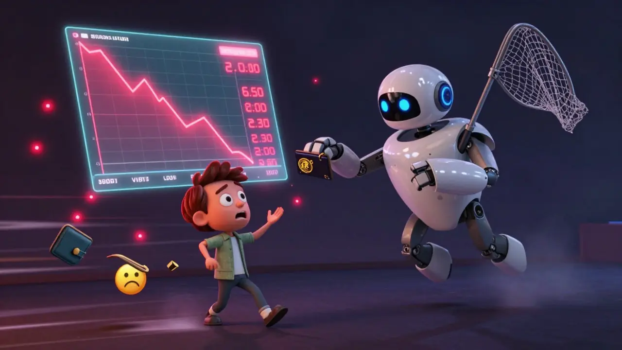A user watches their crypto value drop as a liquidator robot takes part of their collateral during a market crash.