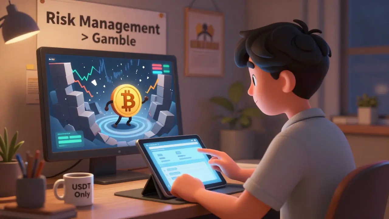 A young trader watching a demo account simulation of Bitcoin avoiding liquidation on a tablet at night.