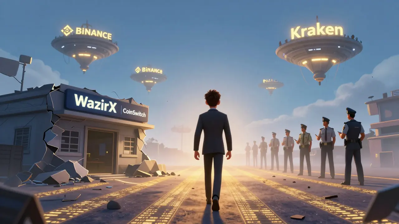 An investor walks away from a crumbling exchange toward offshore crypto platforms in the sky.