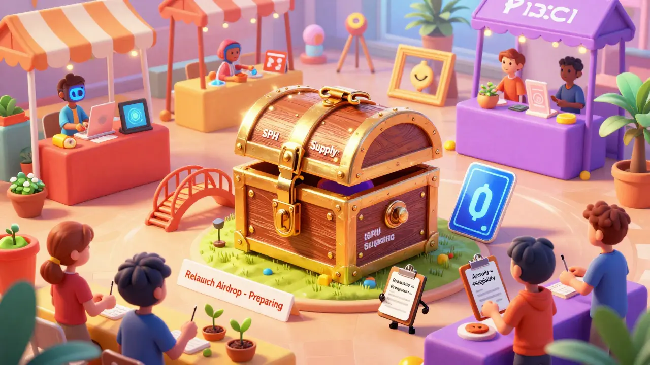 Animated users trade tokens at a vibrant digital marketplace, with a locked chest labeled '0 SPH' and tools for bridging and staking nearby.