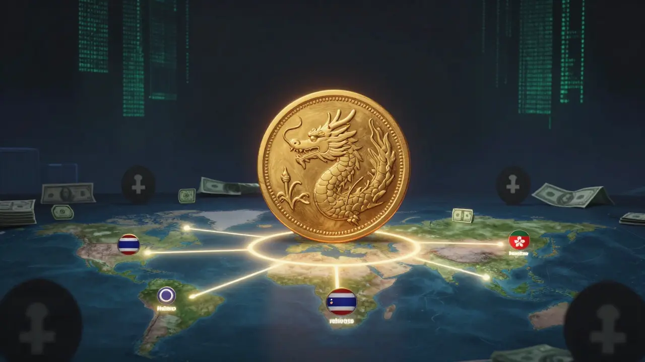 Digital yuan dragon coin connecting China to other nations on a global map.