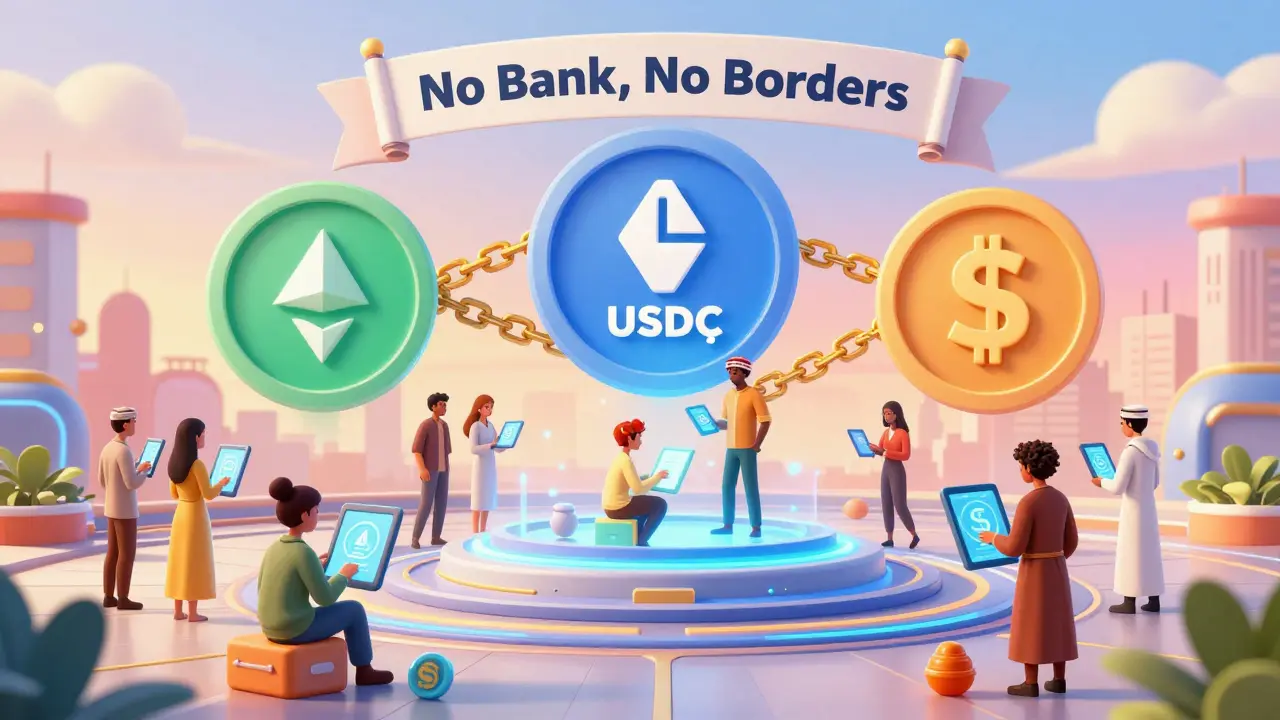 Diverse people from around the world use DeFi interfaces with ETH, USDC, and treasury bonds as collateral in a futuristic plaza.