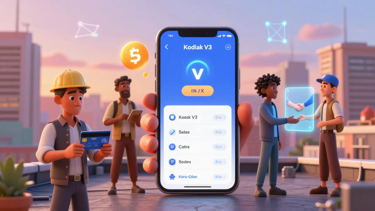 Diverse traders using a mobile app on a rooftop, engaging with fiat on-ramp, leverage, and OTC features under a glowing network sky.