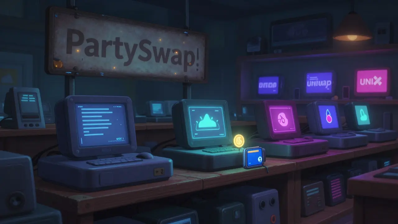 PartySwap's quiet platform sits forgotten on a shelf beside bigger crypto exchanges in a dim digital marketplace.