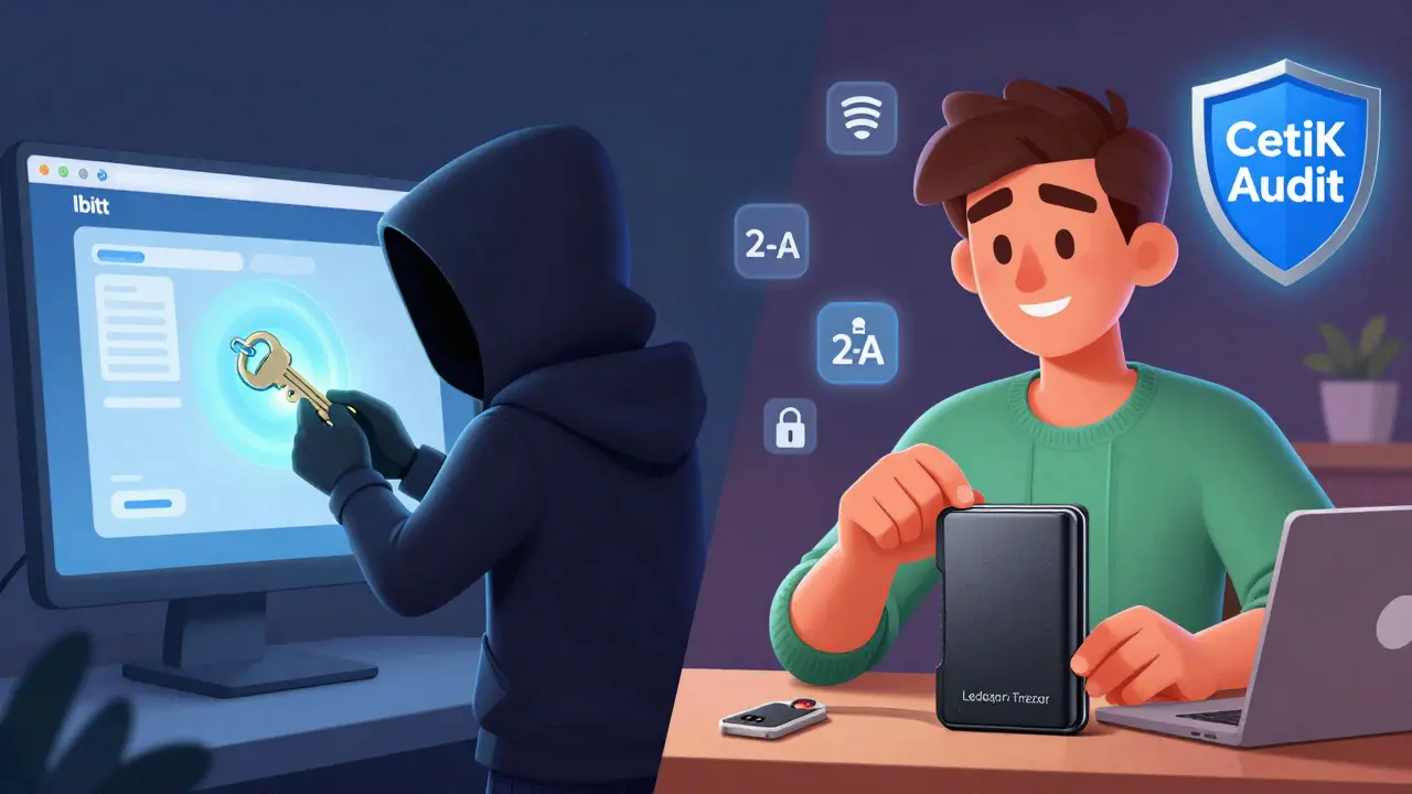 Split scene: hacker stealing from a scam site vs. user safely storing crypto with security features.