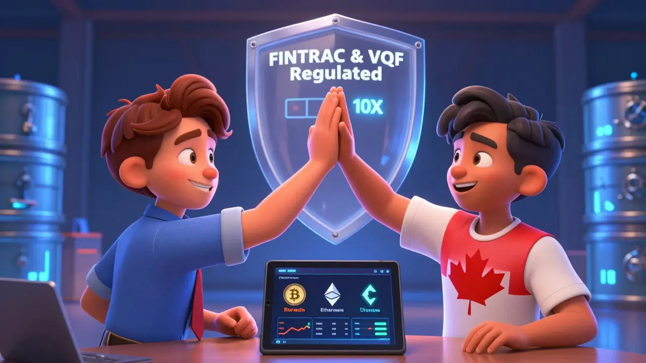 Traders from Canada and Singapore celebrating with a 10x leverage icon and regulatory shield.