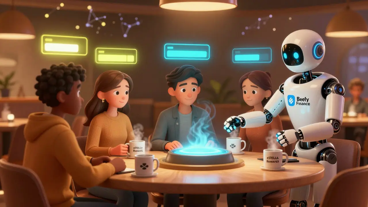 Users in a futuristic lounge sit around a table with glowing liquidity bars above them, while a robotic assistant auto-rebalances their pools.