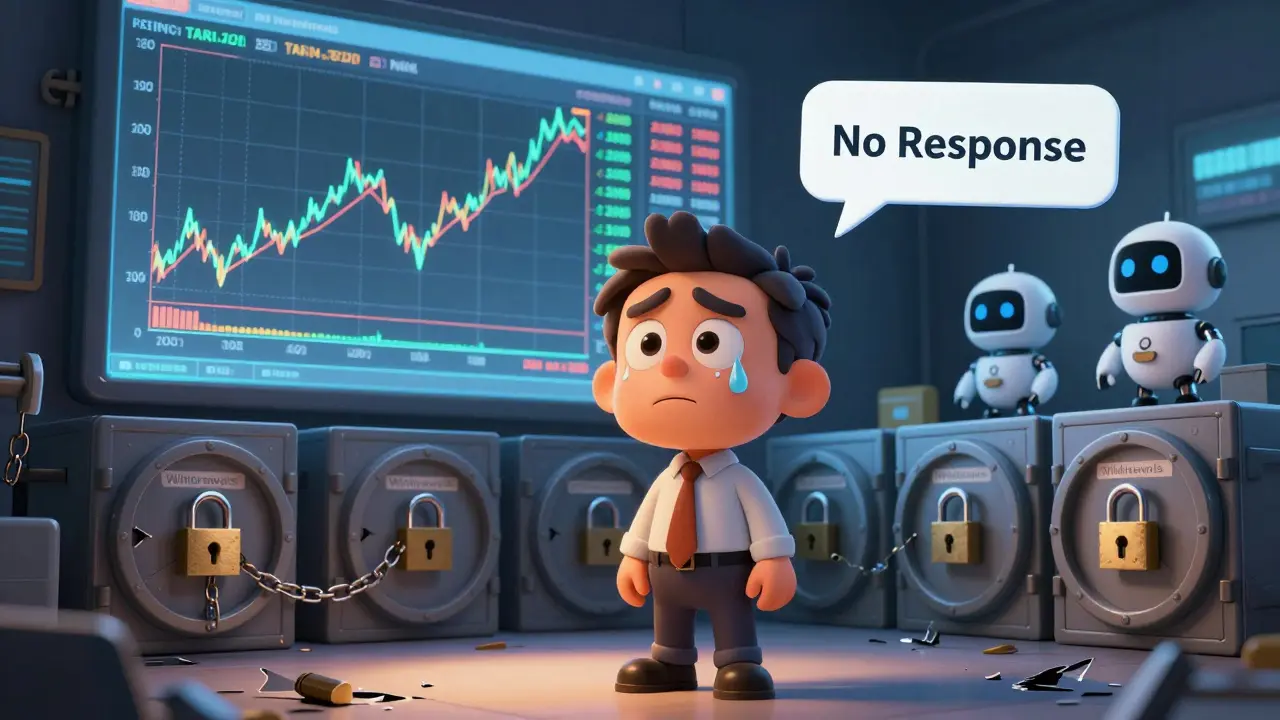 A confused user staring at fake trading charts while vaults are locked shut.