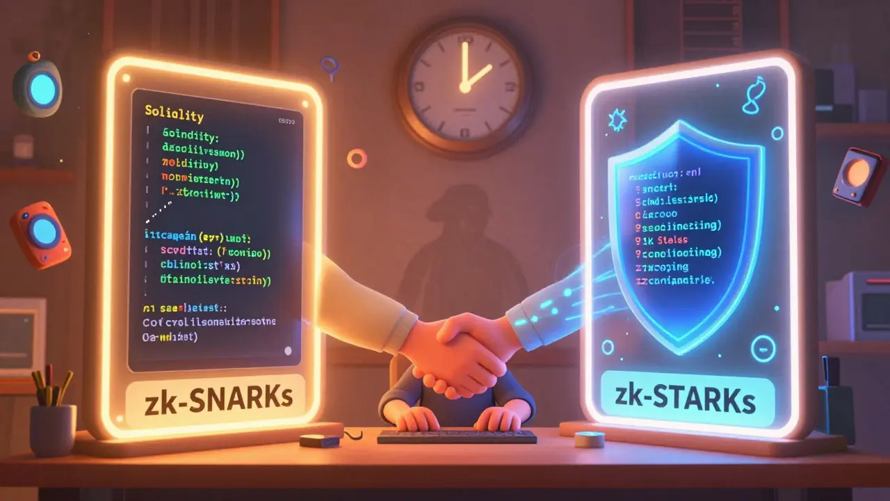 A developer choosing between zk-SNARKs and zk-STARKs portals, with a 2030 quantum computer in the distance.