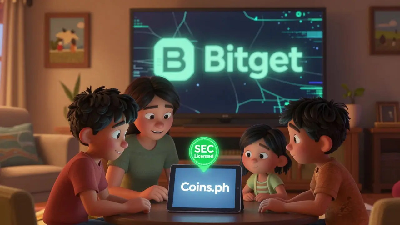 A Filipino family safely uses a licensed crypto app with a glowing SEC license badge.