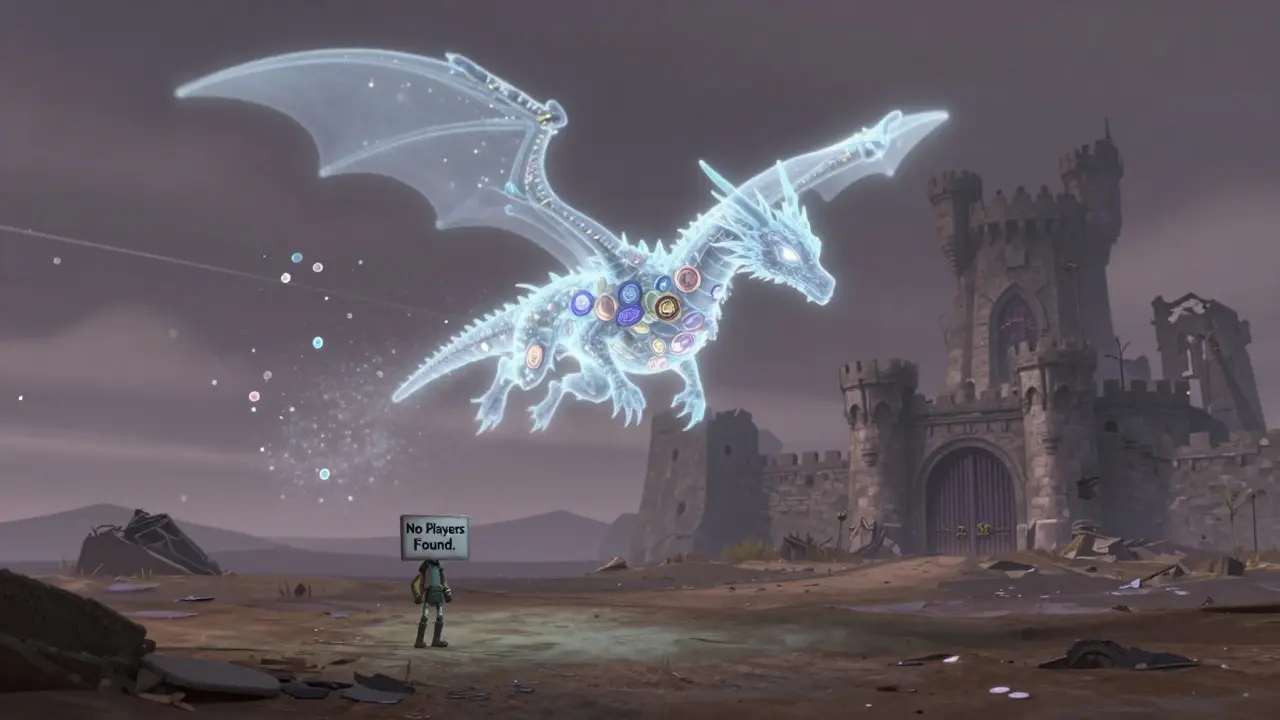 A ghostly dragon made of KING tokens dissolving above a deserted battlefield.