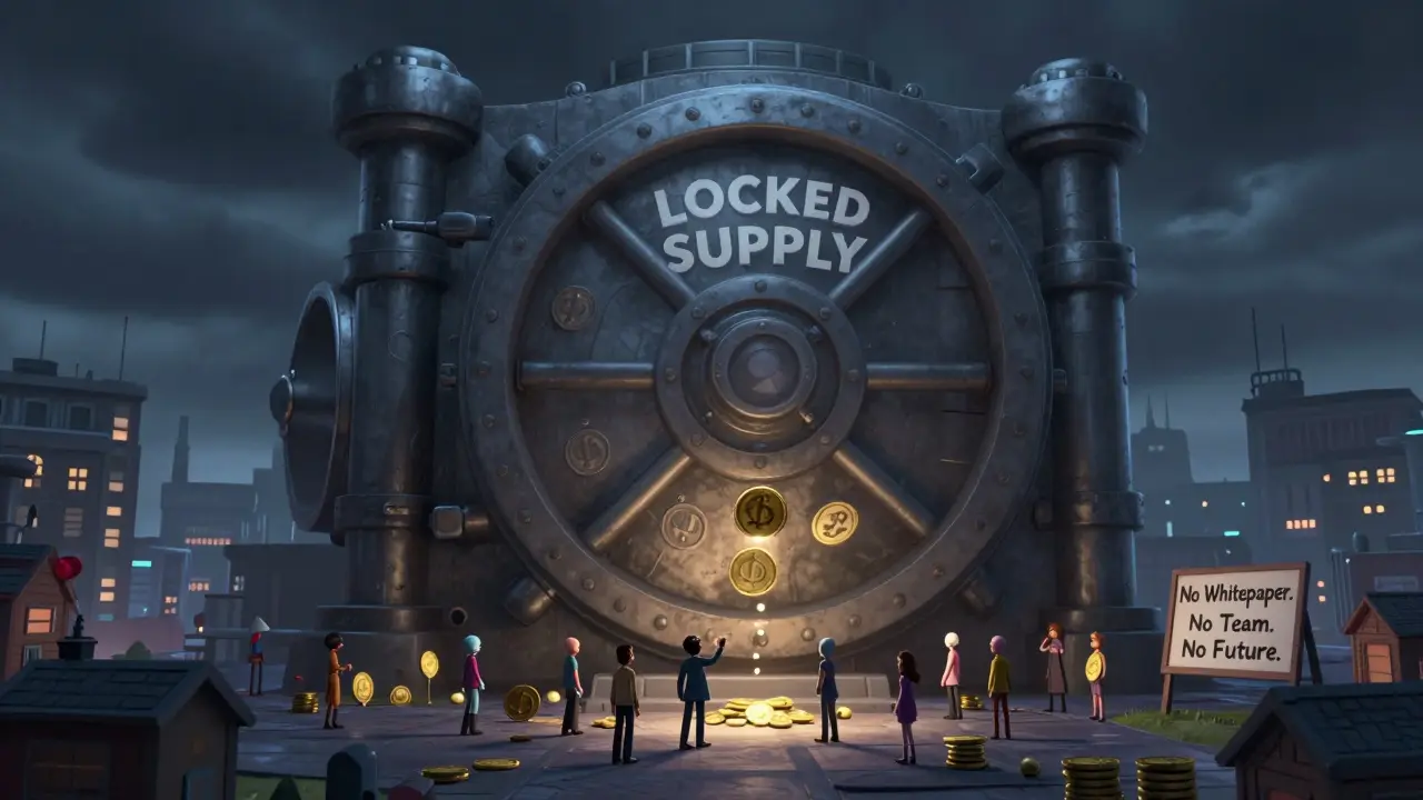 A giant locked vault of tokens towers over a small town of investors under a stormy sky.