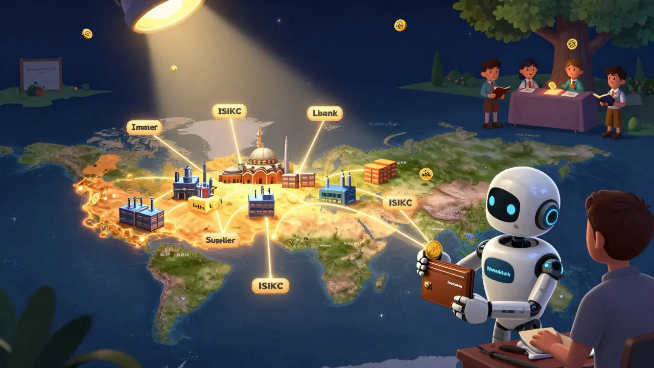 A global map shows golden connections from Turkey to suppliers, with a robot handing a token to a worker and children receiving scholarships nearby.