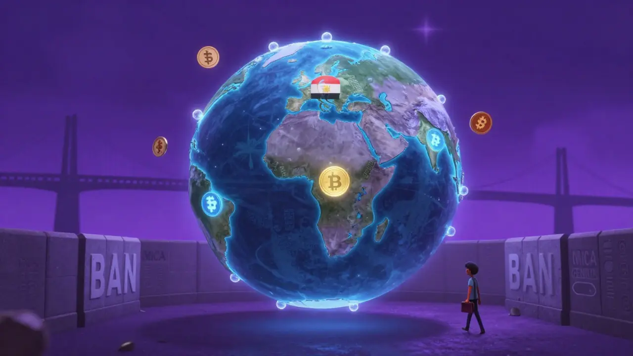 A globe with crypto flows bypassing bans, as a person walks through a 'BAN' wall toward regulation bridges.