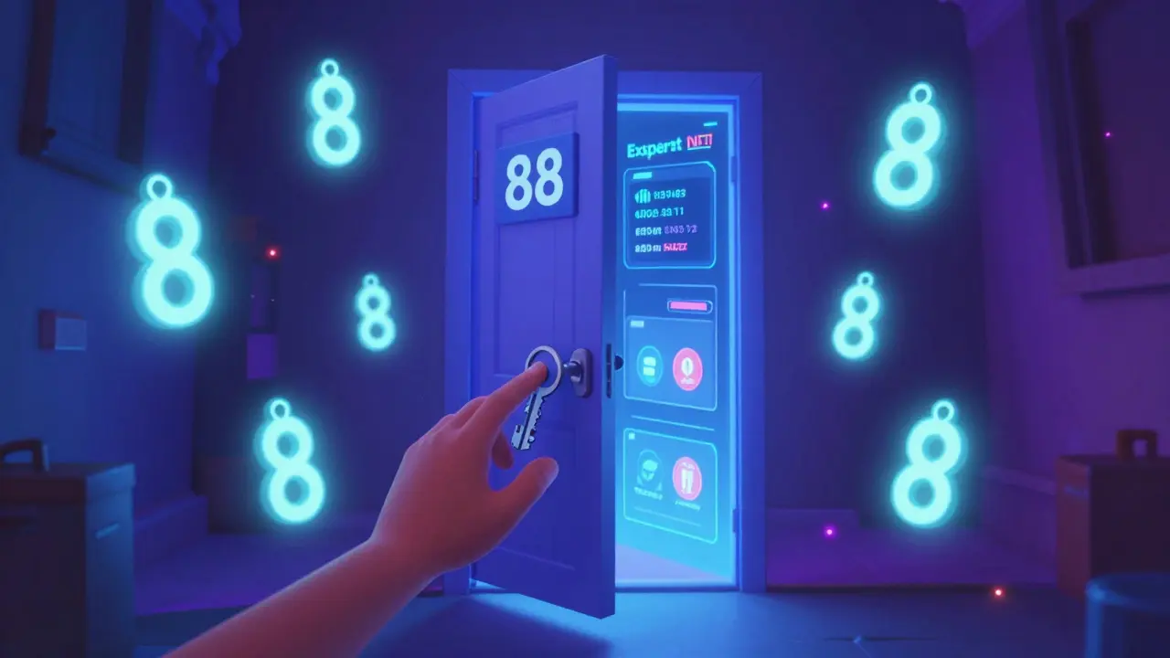 A glowing NFT door labeled '88' opens to reveal a DeFi dashboard with stablecoins and expert portfolios.