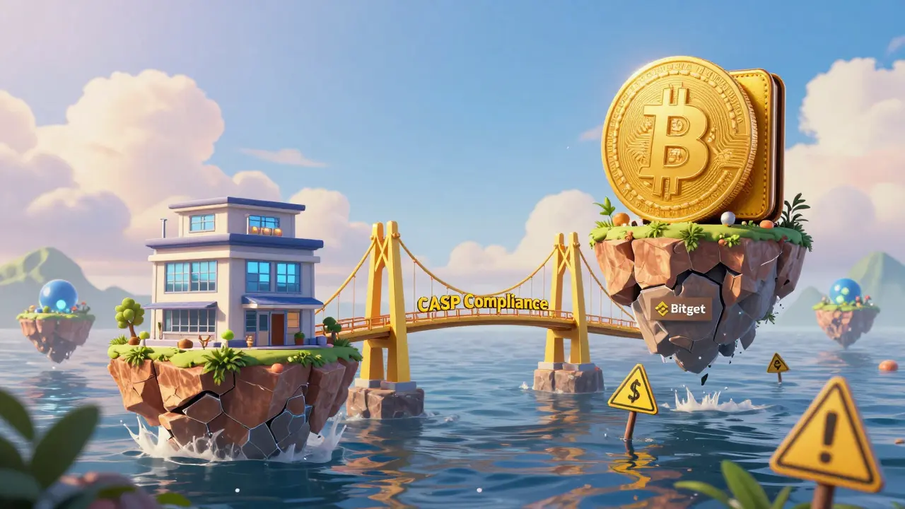 A golden compliance bridge leads to secure crypto, while banned exchanges sink offshore.