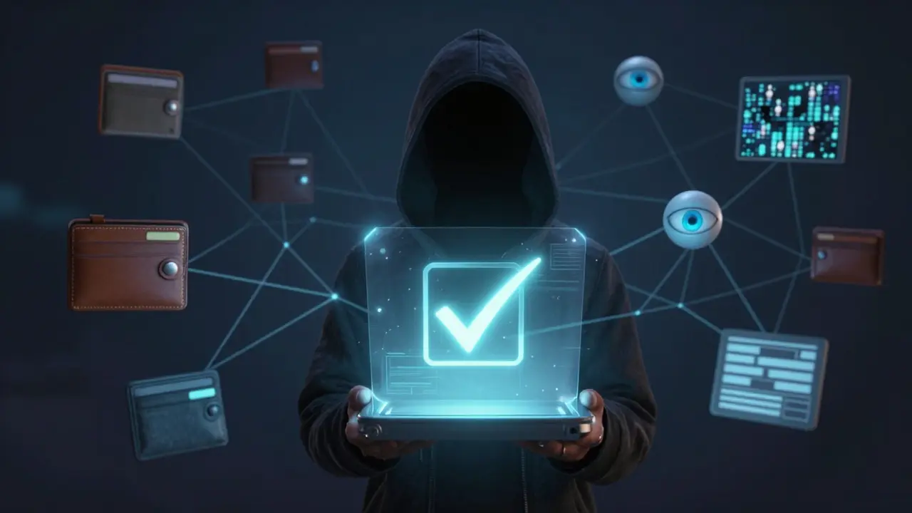 A hooded user emits a glowing checkmark via zero-knowledge proof, while AI analyzes messy real-world wallet connections and spots robotic bot patterns.
