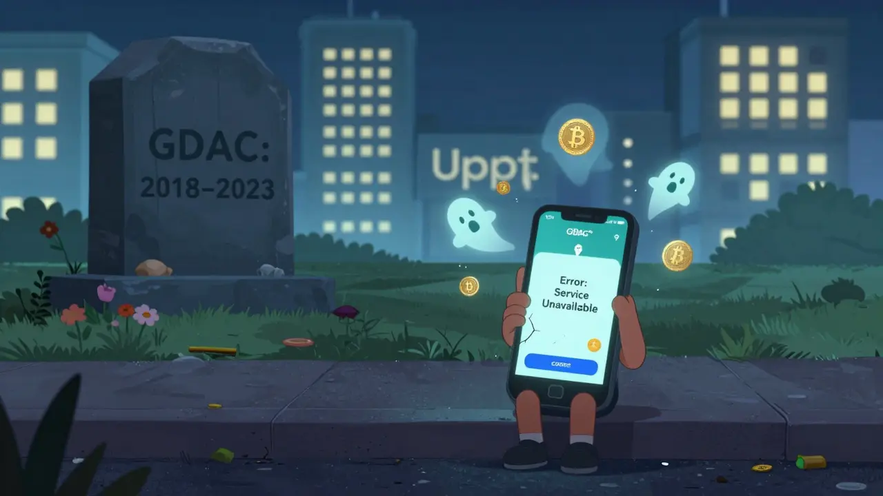 A lonely user holding a broken phone beside a tombstone for GDAC, with other secure exchanges glowing in the distance.