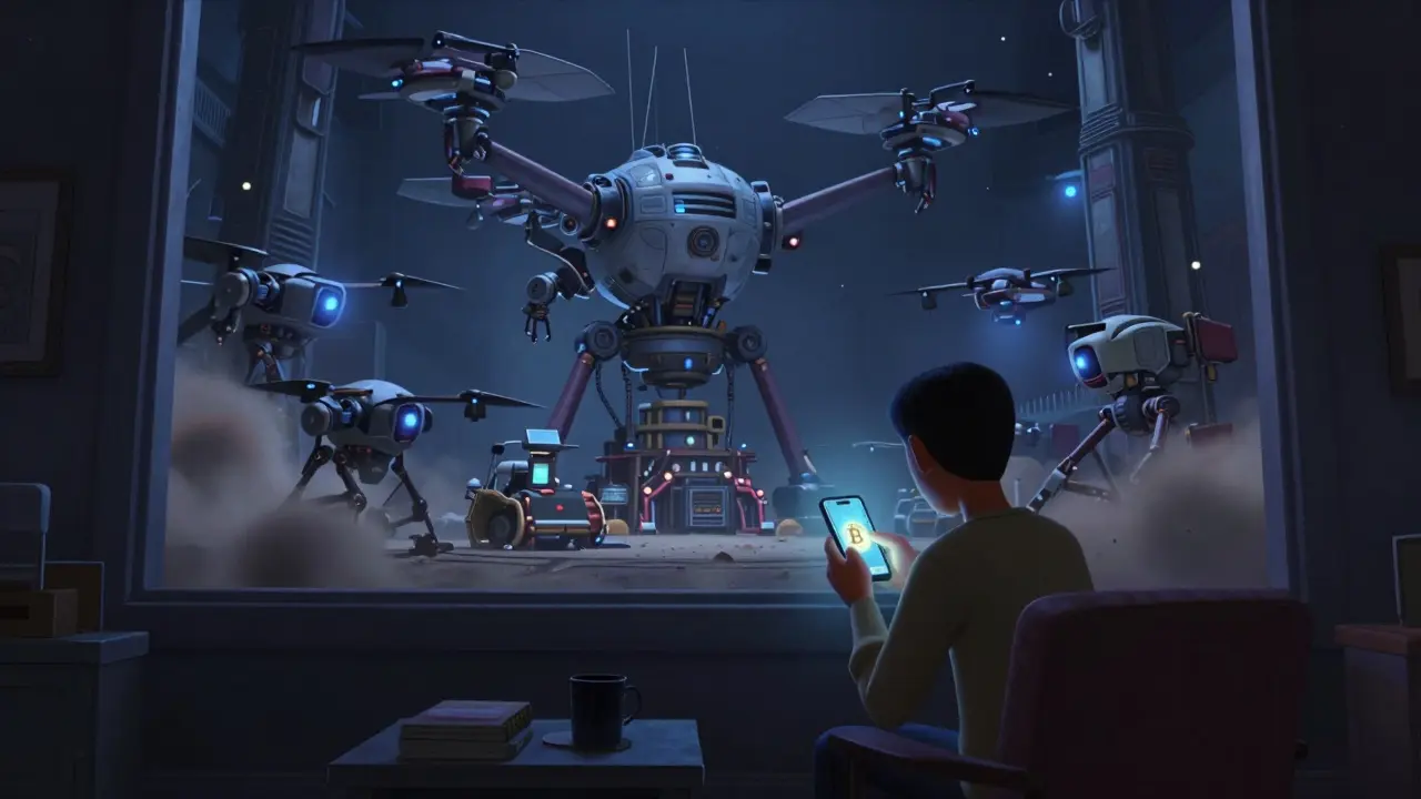 A mining farm being shut down by drones, while someone quietly checks their Bitcoin wallet at home.