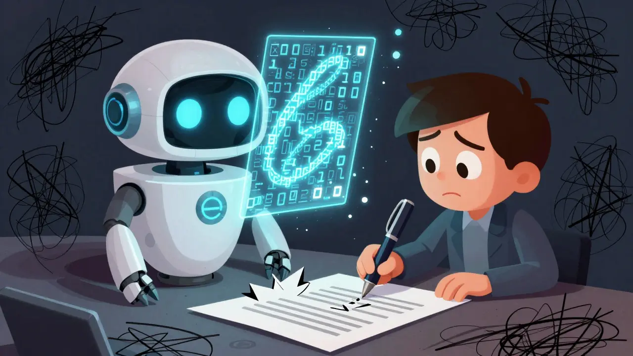 A robot verifies a glowing digital signature while a person struggles to sign a paper contract.
