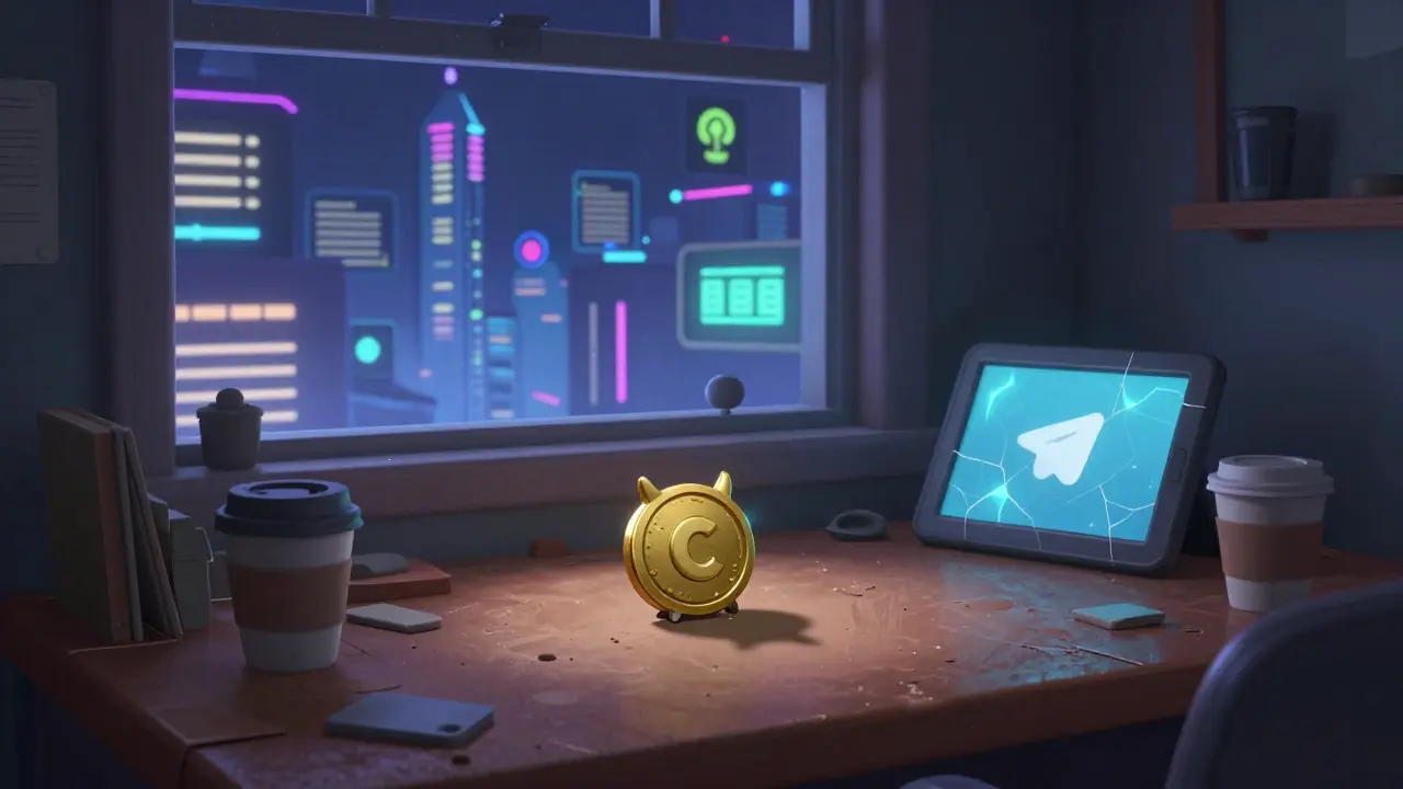 A single forgotten COW token on a dusty desk, with a vibrant DeFi city visible outside the window.