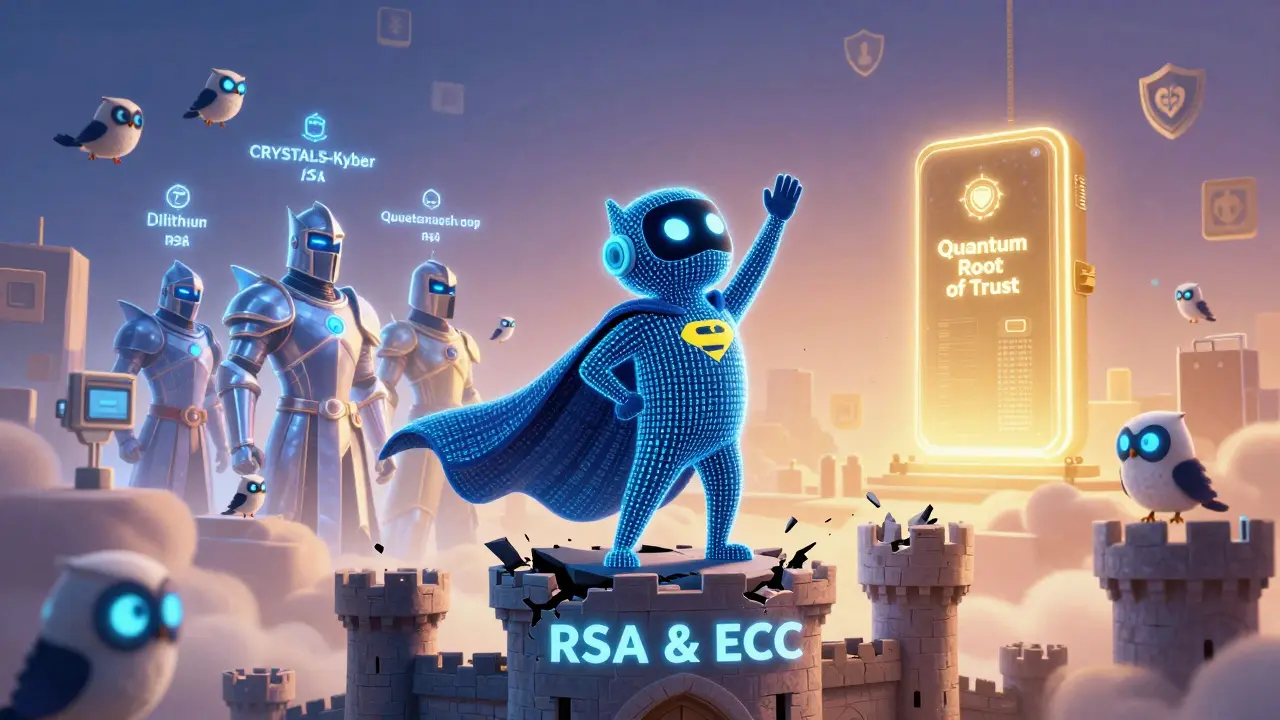 A superhero HSM defeats outdated encryption with quantum-safe allies and AI monitors in a futuristic crypto landscape.