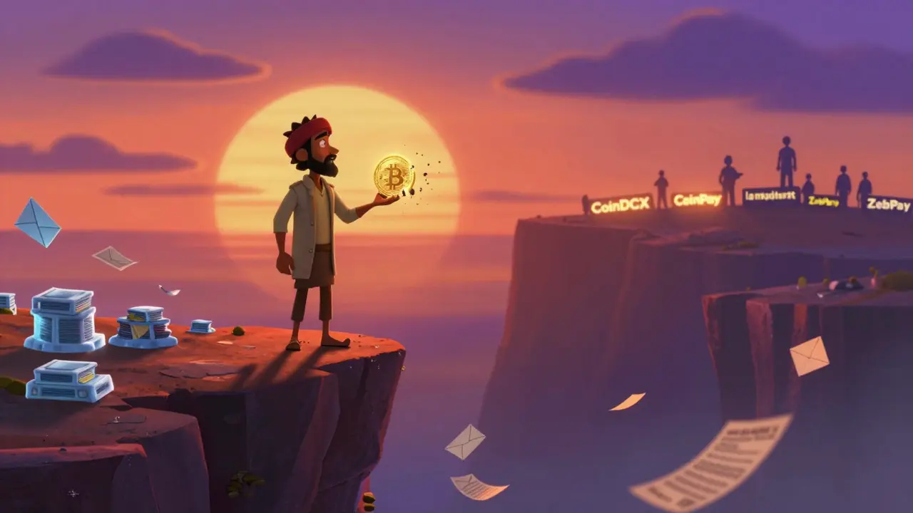 A trader on a cliff facing crumbling crypto assets, while compliant exchanges glow safely across the valley.