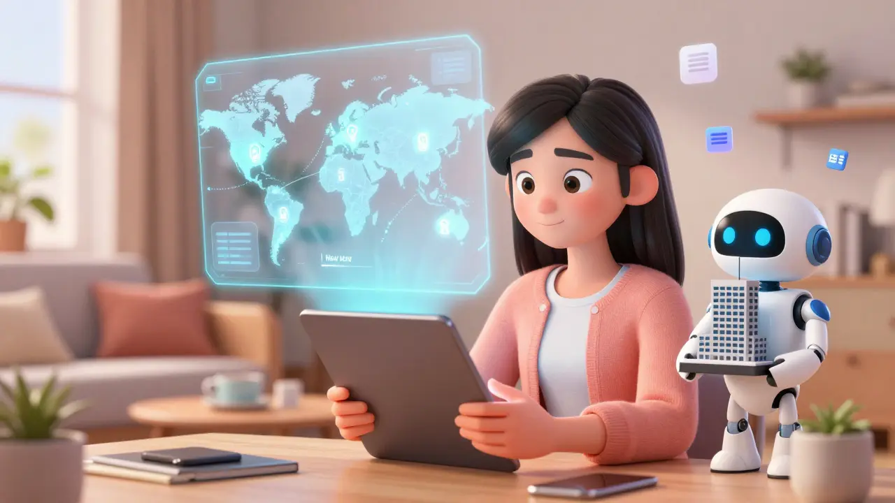 A young woman buying a tokenized U.S. building from Indonesia, with a holographic world map and friendly robot assistant.