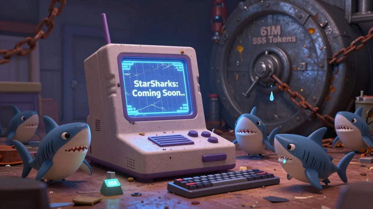 An abandoned game console with a locked vault labeled '61M SSS Tokens' and fading NFT sharks.