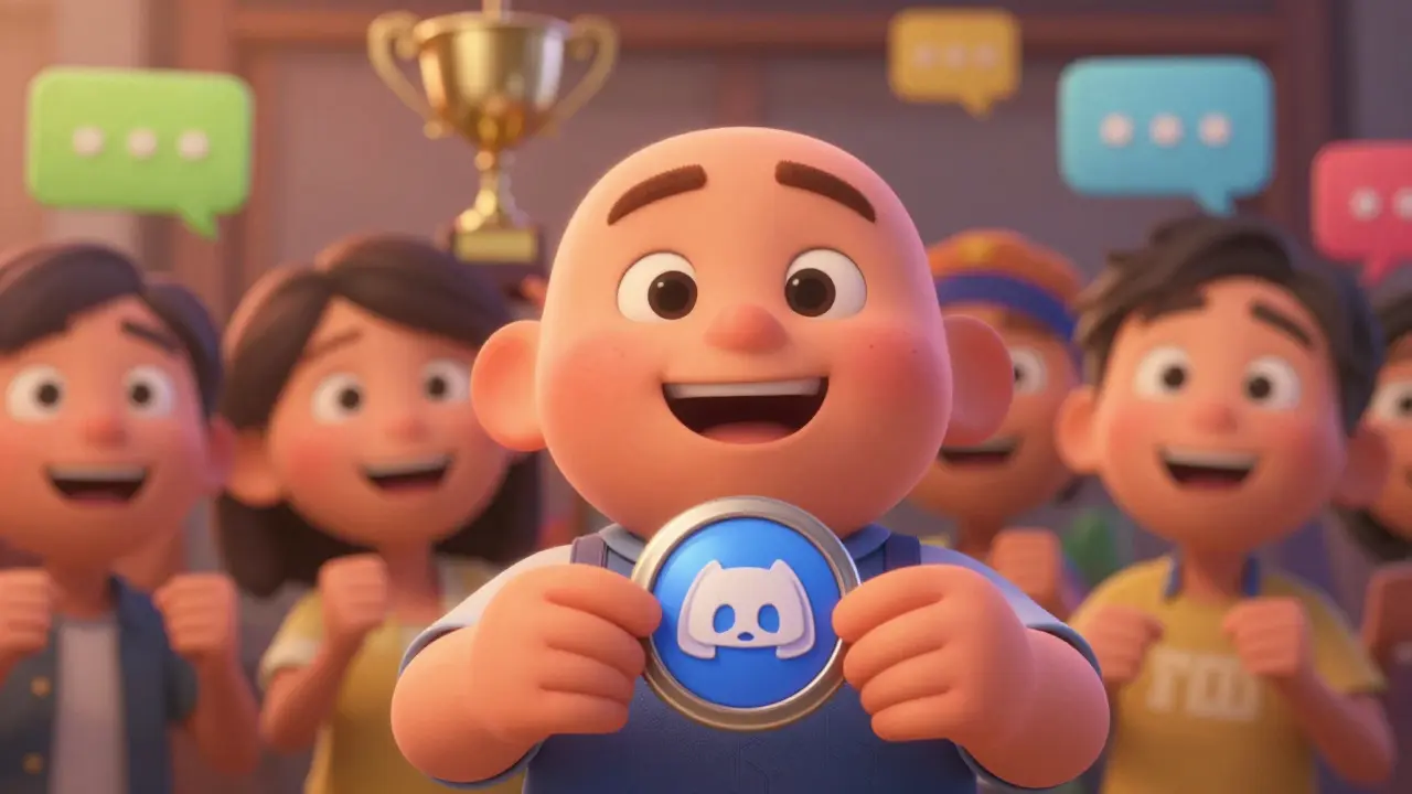 Character receiving a special award surrounded by cheering friends in a digital community.