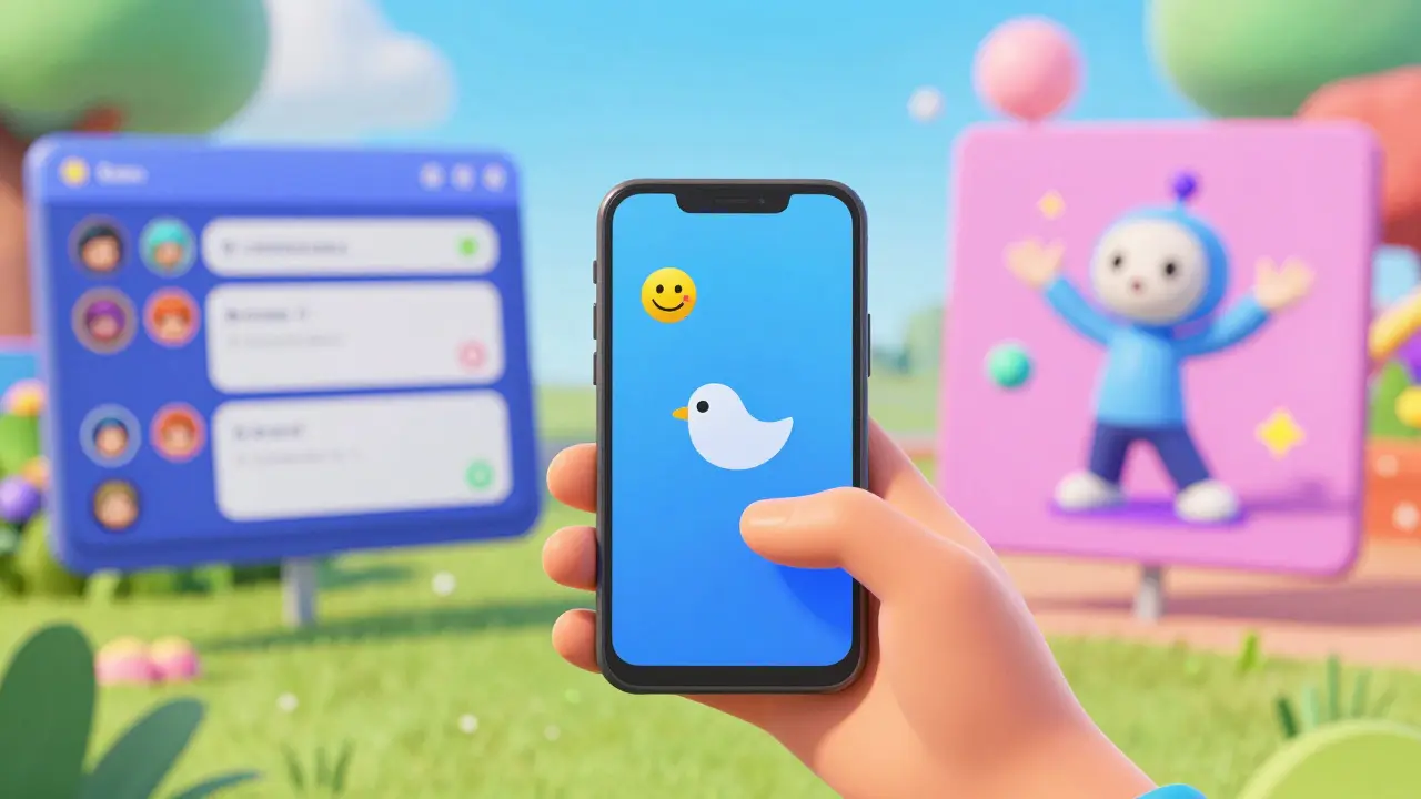 Character using smartphone with bird icon, chat bubbles, and dancing figure.