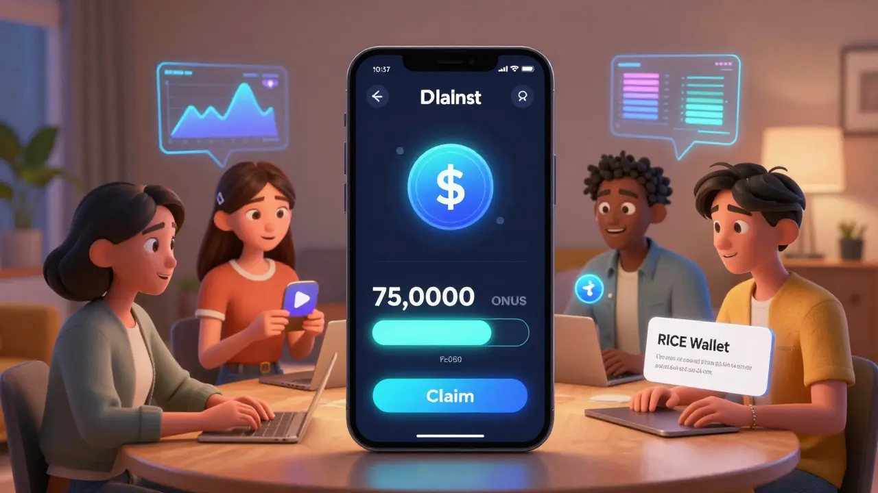 Diverse users interacting with the RICE Wallet app, staking, trading, and claiming ONUS tokens in a cozy modern room.