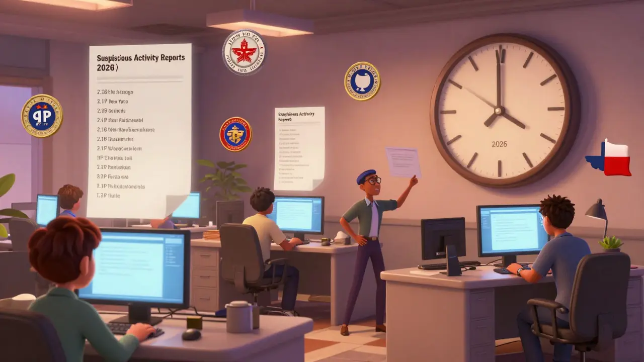 Employees in a crypto office file SARs as state license seals float above their desks.