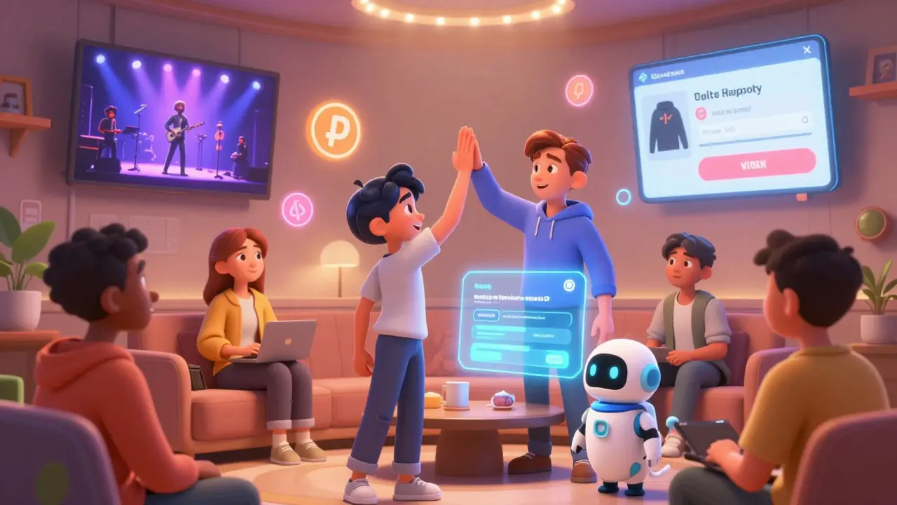 Fans in a glowing digital lounge celebrating token-gated perks, with an AI assistant helping a newcomer.