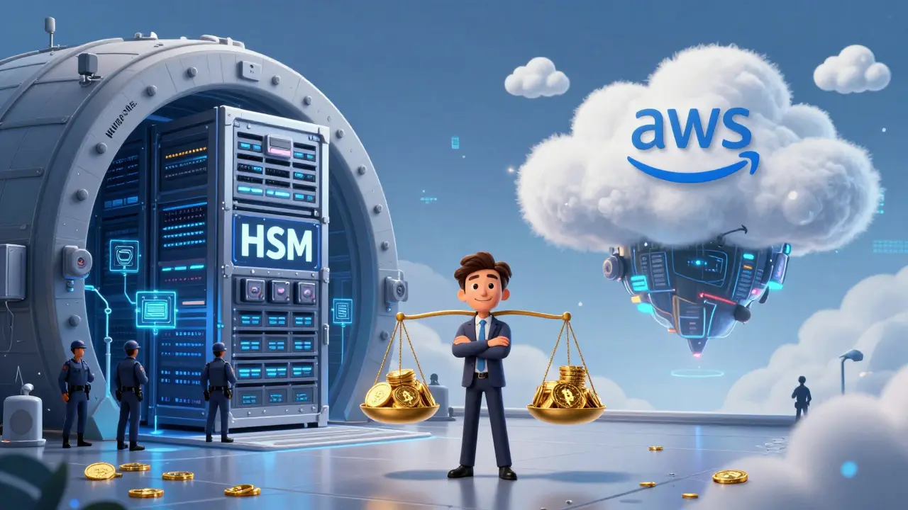 On-prem and cloud HSMs side by side, each representing different security models for crypto exchanges.