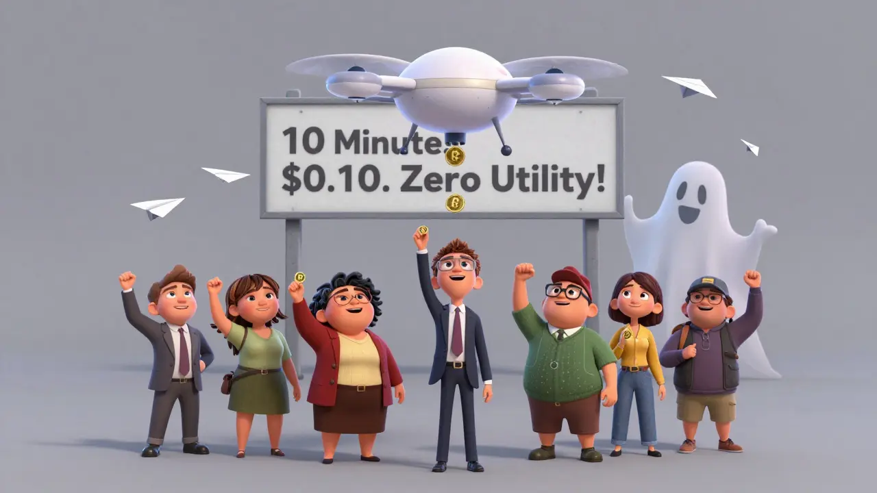 People cheering as COW tokens turn into paper airplanes flying away into an empty sky.