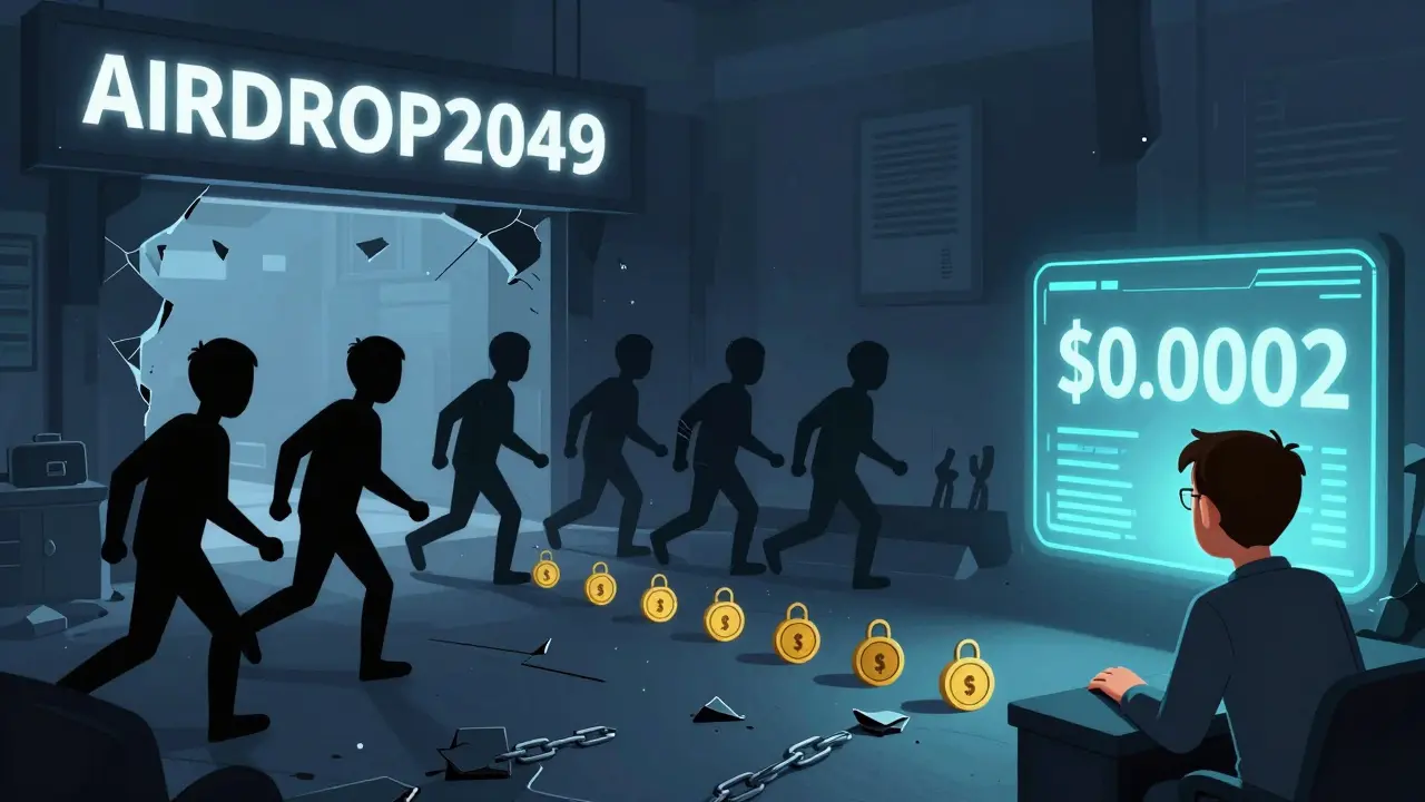 Shadowy figures fleeing a crumbling crypto platform while a confused investor watches a low price on screen.