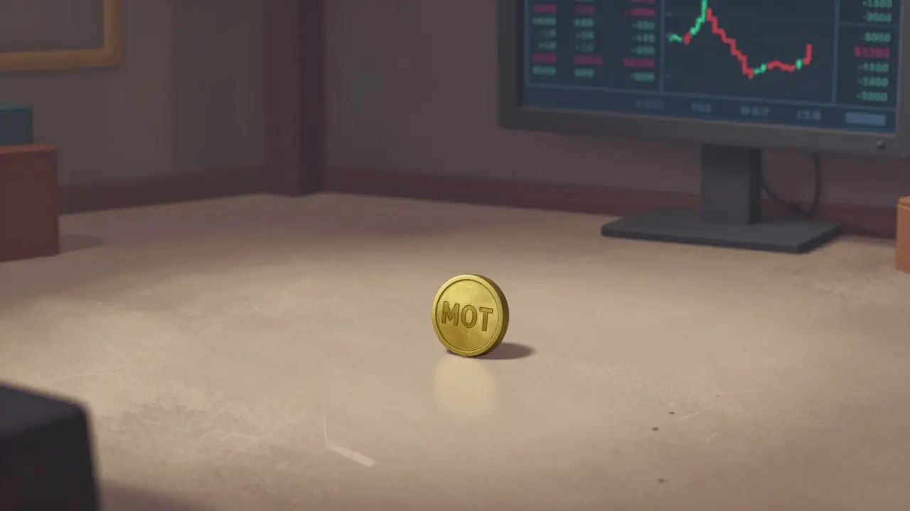 Single MOT token alone on deserted trading floor with low activity.