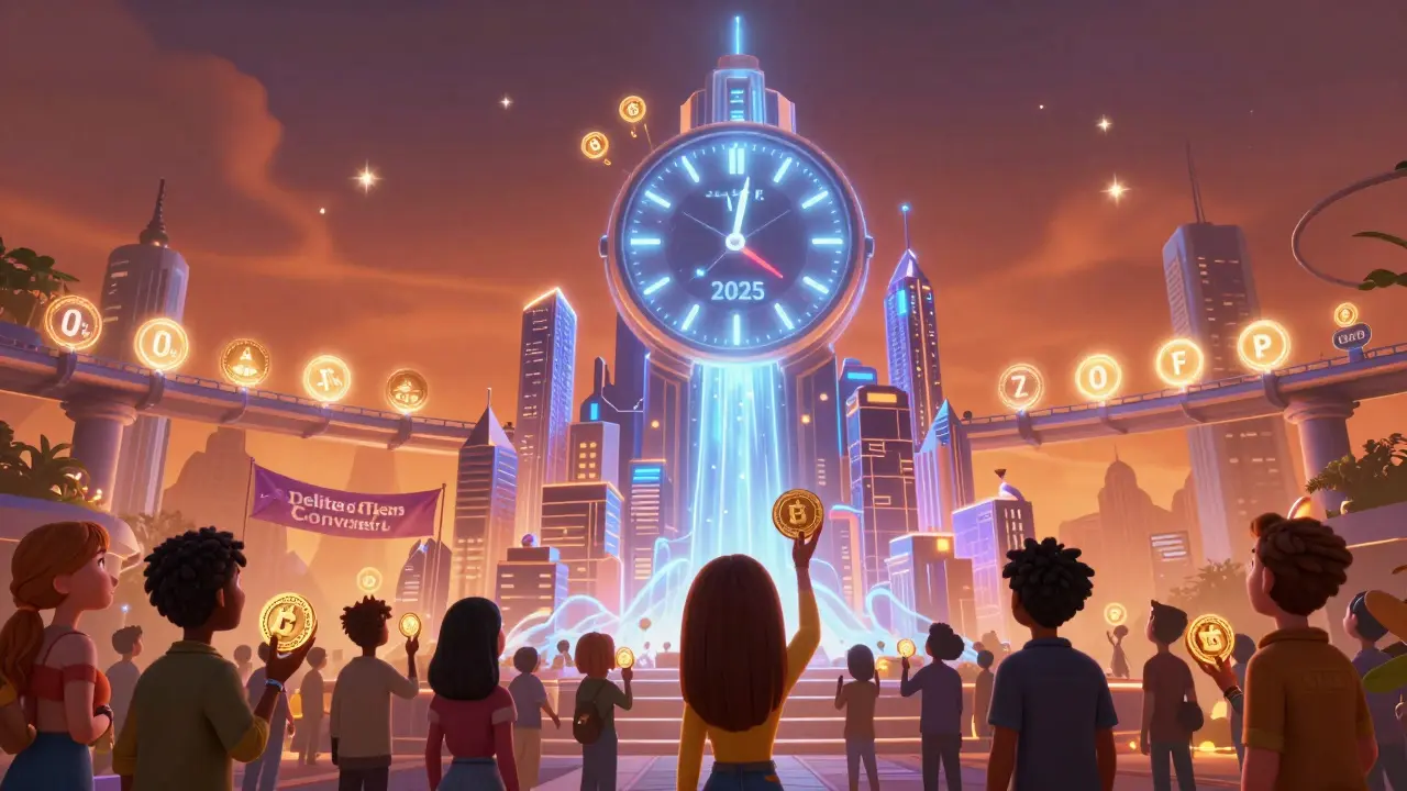 The ONUS cityscape rising from a blockchain foundation with fee reductions and delisted token conversions glowing in the sky.