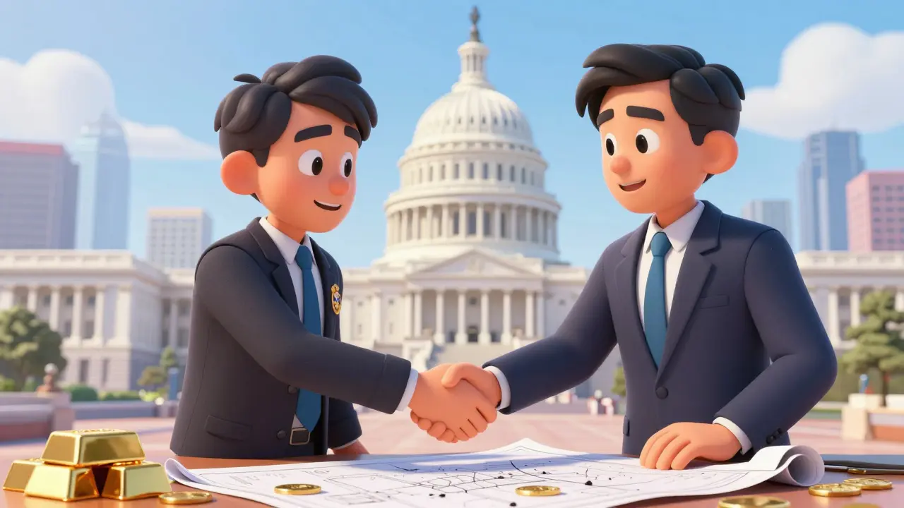US regulator and Asian official shaking hands over blueprint with gold bars and coins.
