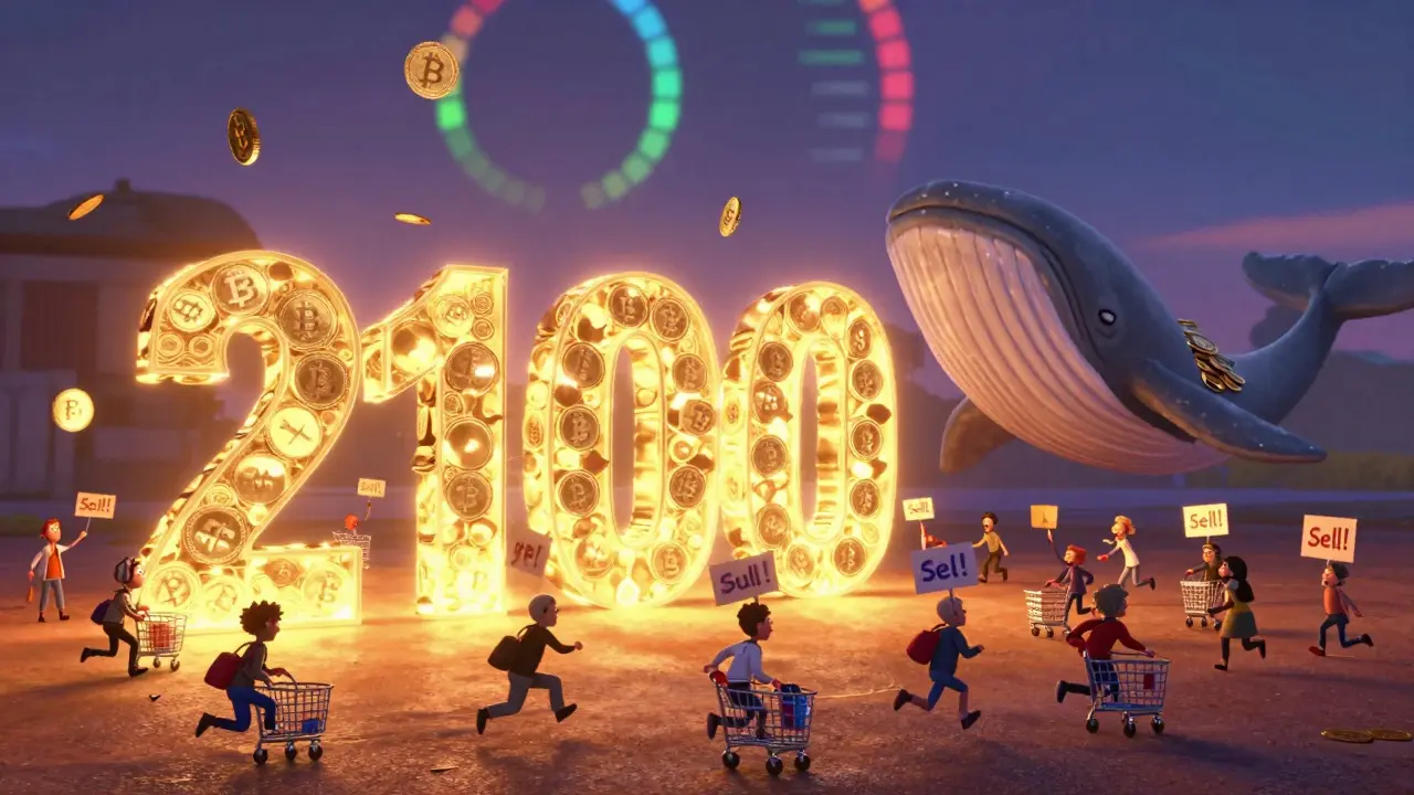 A fixed Bitcoin coin structure with people rushing to buy or sell, a giant whale holding thousands of coins.